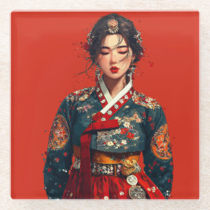 Moderne koreanische Frau im Hanbok-Porträt Glasuntersetzer