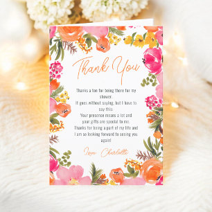 Moderne, kräftige orangefarbene Blumen Schriftzug  Dankeskarte