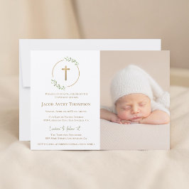 Moderne Kranz Gold Kreuz Baby Taufe Foto grün Einladung