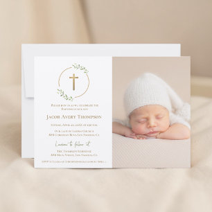 Moderne Kranz Gold Kreuz Baby Taufe Foto grün Einladung
