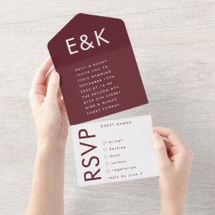 Moderne, kühne, burgunderrote, dunkelrote Monogram All In One Einladung