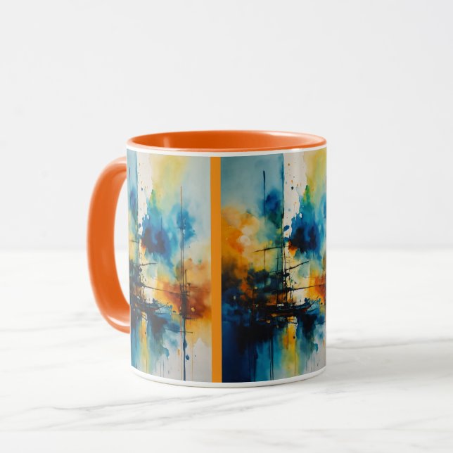Moderne Kunst | Blaue und orangefarbene kinematisc Tasse (Vorderseite Links)