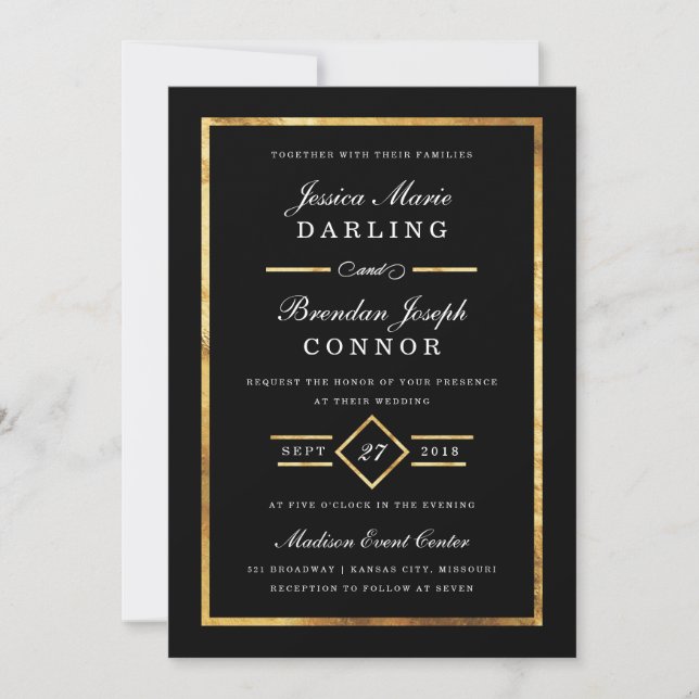 Moderne Kunst-Deco - Goldene und schwarze Hochzeit Einladung (Vorderseite)