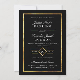 Moderne Kunst-Deco - Goldene und schwarze Hochzeit Einladung