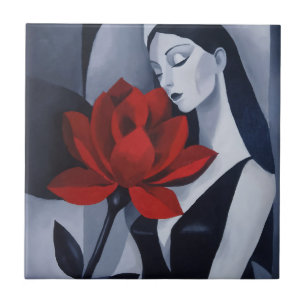 Moderne Kunst Frau mit roter Rose Keramikfliese