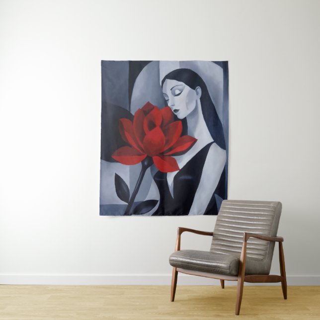 Moderne Kunst Frau mit roter Rose Wandteppich (Beispiel)