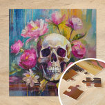 Moderne Kunst noch Leben Abstrakter Schädel und Bl<br><div class="desc">Ein modernes impressionistisches Gemälde, das ein ruhiges Leben eines Schädels darstellt, umgeben von lebhaften Blume in lebhaften Pastellfarben. Die sanften, aber lebhaften Pinselstriche mischen die Farbtöne Rosa, Grün, Blau und Gelb und schaffen einen Kontrast zwischen den zarten Blumen und dem krassen, symbolischen Schädel. Dieses Kunstwerk verleiht dem traditionellen Stillleben eine...</div>