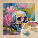 Moderne Kunst noch Leben Abstrakter Schädel und Bl<br><div class="desc">Ein modernes impressionistisches Gemälde, das ein ruhiges Leben eines Schädels darstellt, umgeben von lebhaften Blume in lebhaften Pastellfarben. Die sanften, aber lebhaften Pinselstriche mischen die Farbtöne Rosa, Grün, Blau und Gelb und schaffen einen Kontrast zwischen den zarten Blumen und dem krassen, symbolischen Schädel. Dieses Kunstwerk verleiht dem traditionellen Stillleben eine...</div>