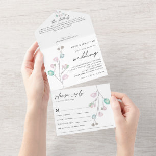 Moderne Kunst Pastell Blätter Rosa Türkis Hochzeit All In One Einladung
