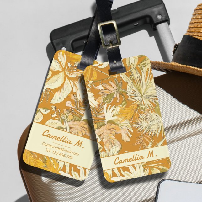 Moderne Kunst und Moderne Kunst aus dem tropischen Gepäckanhänger (The modern yellow tropical leaves luggage tag customize design was inspired by a rainforest in Asia.)