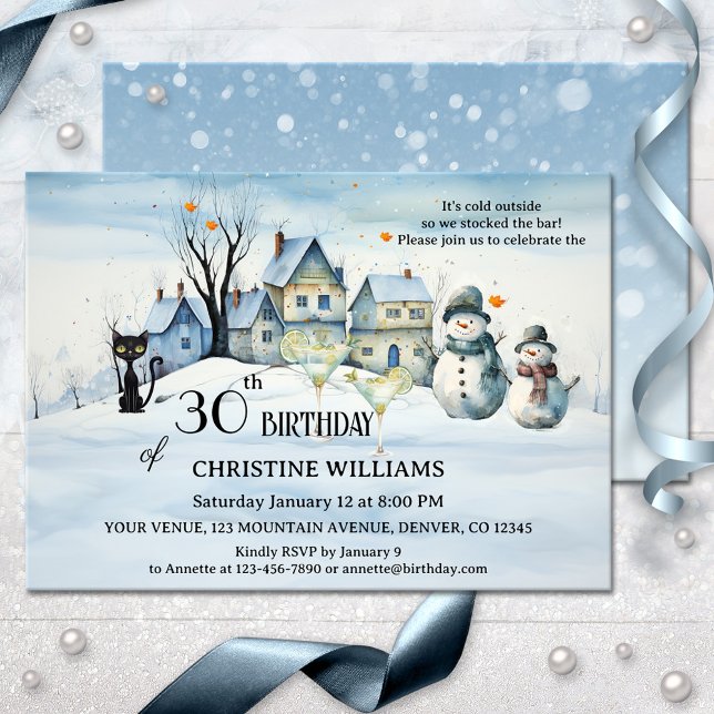 Moderne künstlerische Erwachsenenbildung Winter Ge Einladung (Adult winter birthday invitation featuring a watercolor snow covered landscape with a black cat)