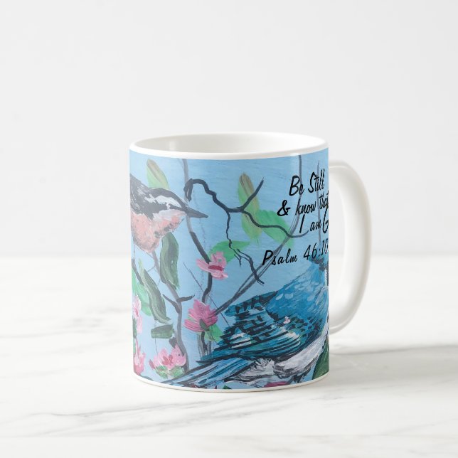 Moderne Kunstpinken und Blauvögel mit Bibelverse Kaffeetasse (VorderseiteRechts)