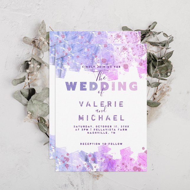 Moderne Kunsttischlerei Rosa und Lila Hochzeit Einladung (Von Creator hochgeladen)