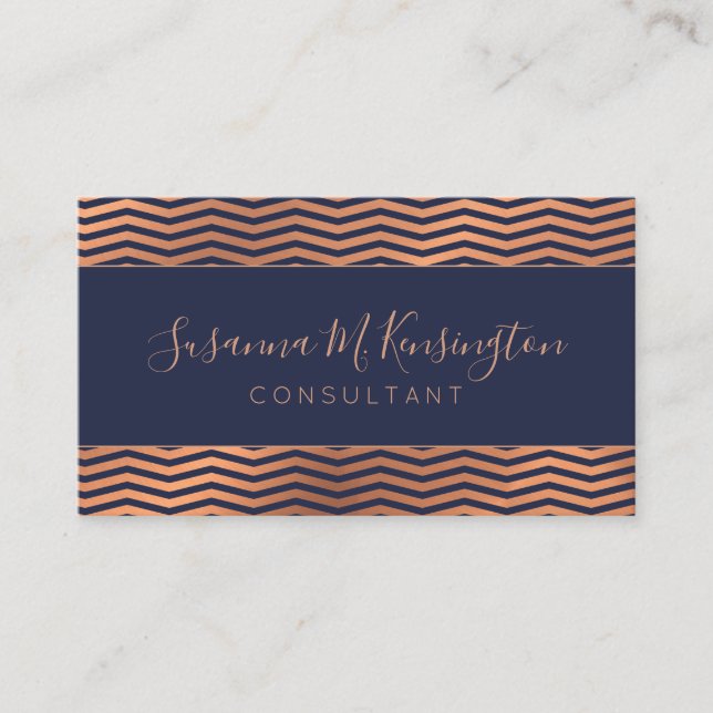 Moderne Kupfer Rose Gold Foil Navy Blau Zickzack Visitenkarte (Vorderseite)