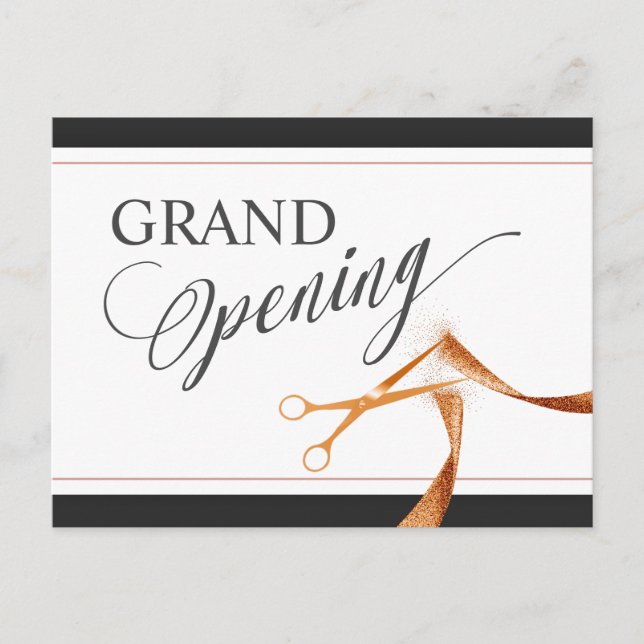 Moderne Kupferbandschere Grand Opening Einladungspostkarte (Vorderseite)