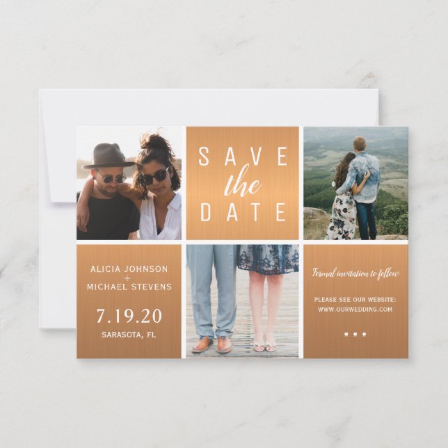 Moderne Kupfergold Glitzer 3 Foto Collage Hochzeit Save The Date (Vorderseite)