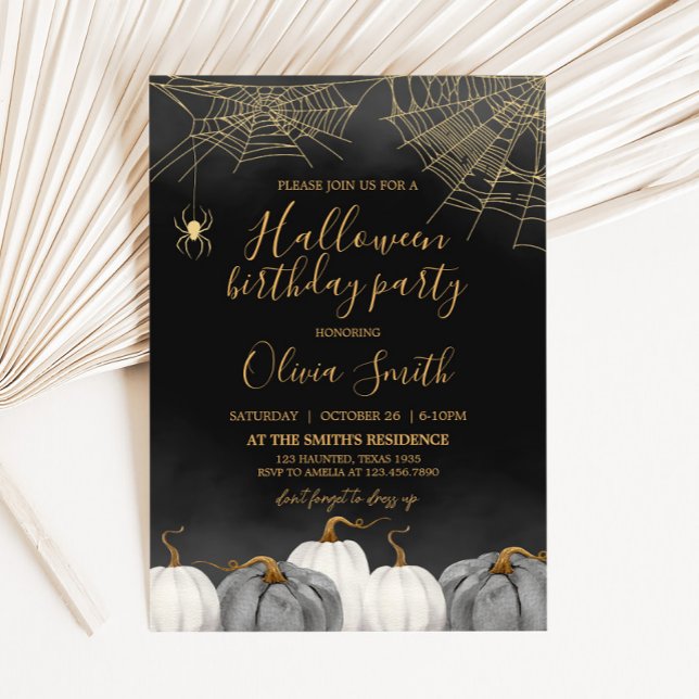 Moderne Kürbisspinne Halloween Geburtstagsparty Einladung (Modern Adult Halloween Birthday Party Invitation)