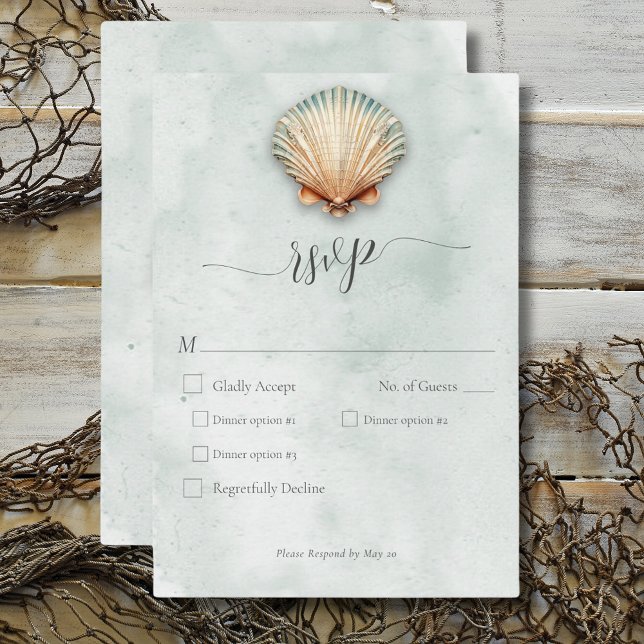 Moderne Küste Seashell Aqua Hochzeitsdinner RSVP Karte (Modern Coastal Seashell Aqua Wedding Dinner RSVP Card)