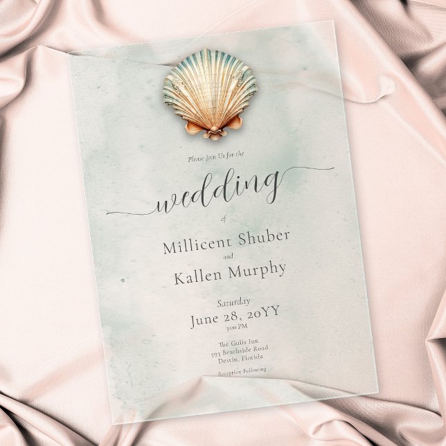 Moderne Küste Seashell Aqua Wedding Acryleinladungen (Modern Coastal Seashell Aqua Wedding Acrylic Invitations)