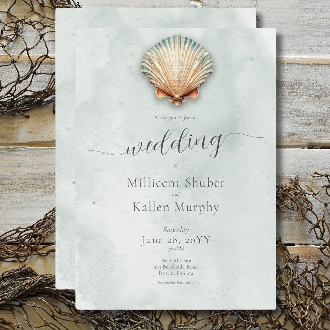 Moderne Küste Seashell Aqua Wedding Einladung (Modern Coastal Seashell Aqua Wedding Invitation)
