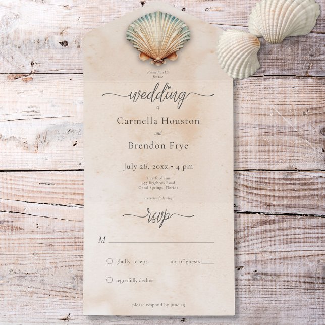 Moderne Küste Seashell Sand Wasserfarbe Kein Abend All In One Einladung (Modern Coastal Seashell Sand Watercolor No Dinner All In One Invitation)