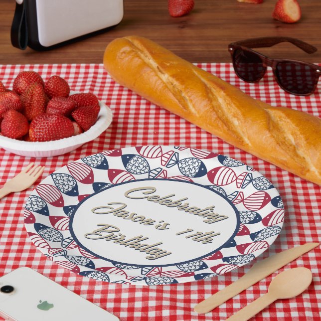 Moderne Küsten-Rot-Blau-Weiß-Fischmuster  Pappteller (Picknick)