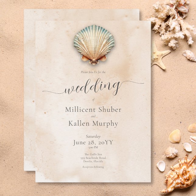 Moderne Küstenhochzeit Seashell Sand Wedding Einladung (Modern Coastal Seashell Sand Wedding Invitation)