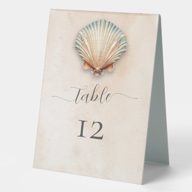 Moderne Küstenhochzeit Seashell Sand Wedding Tischaufsteller (Vorderseite)