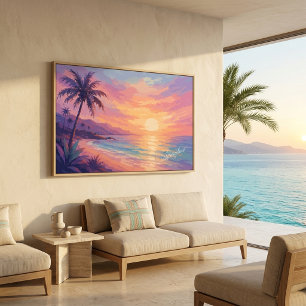 Moderne Küstenlandschaft Sonnenuntergang Palme Wan Poster