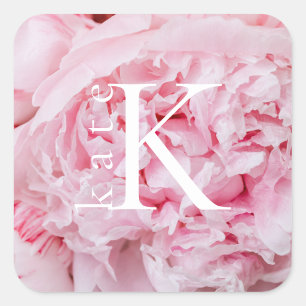 Moderne Labels auf dem Pink Pink Peony Square Quadratischer Aufkleber