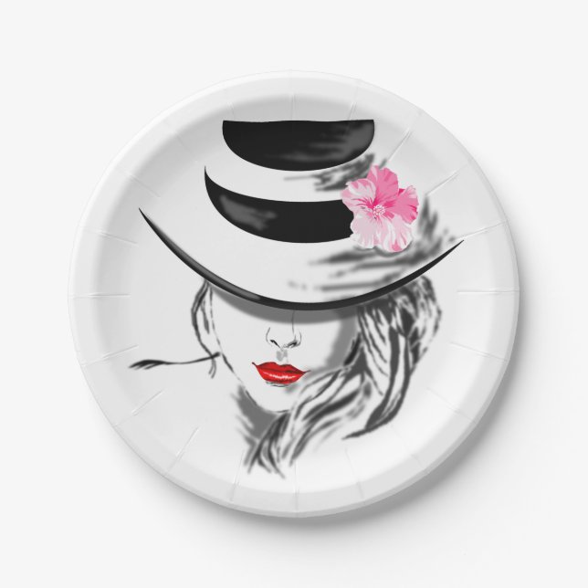 Moderne Lady mit Hutpapier-Tellern Pappteller (Vorderseite)