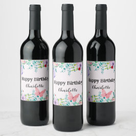 Moderne Ladybug Butterfly farbige Blume Geburtstag Weinetikett