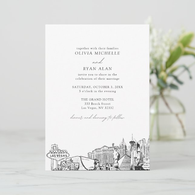 Moderne Las Vegas Skyline Black & White Wedding Einladung (Stehend Vorderseite)