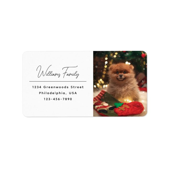 Moderne Lässige Script Dog Weihnachten Rücksendead Adressaufkleber (Vorne)