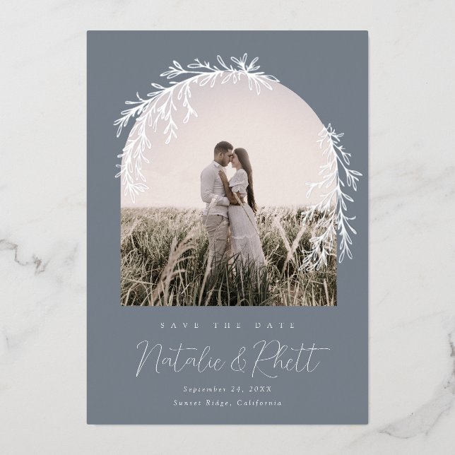 Moderne Laurel Leaf Archway Wedding retten das Dat Folieneinladung (Vorderseite)