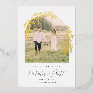Moderne Laurel Leaf Archway Wedding retten das Dat Folieneinladung