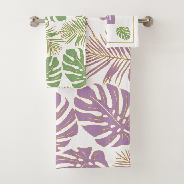 Moderne Lavendel lila und grüne tropische Blätter Badhandtuch Set (Insitu)