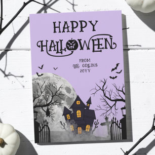 Moderne Lavendel Spukhaus Frohes Halloween Feiertagskarte