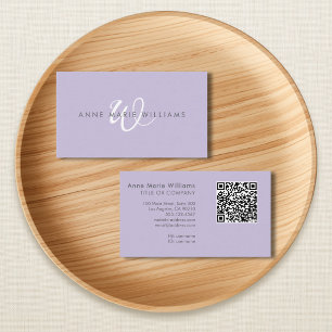 Moderne Lavendel-Weiße Schrift Monogramm QR-Code Visitenkarte