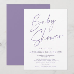 Moderne Lavender Lila, einfache Script Baby Dusche Einladung