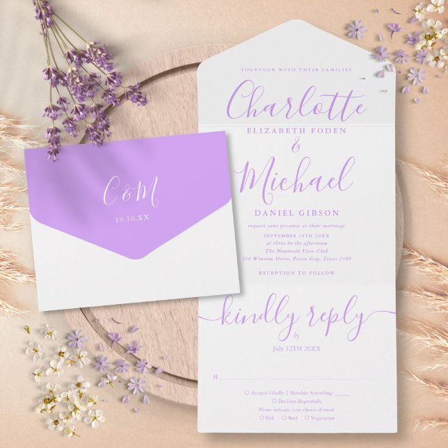 Moderne Lavender Lilac Script Minimalistische Hoch All In One Einladung (Modern Lavender Lilac Script Minimalist Wedding All In One Invitation)