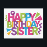 Moderne, lebendige Grafik "HAPPY BIRTHDAY SISTER" Postkarte<br><div class="desc">Eine kühne und zeitgenössische 2D-Digitalillustration mit der Botschaft "HAPPY BIRTHDAY SISTER" in einer sauberen sans-serif-Schriftart. Das Design verwendet eine lebendige Farbpalette aus Pink, Lila, Türkis, Grün und Orange, wobei die halbtransparenten Buchstaben überlappen, um neue Farbtöne und eine Tiefenwirkung zu erzeugen. Um den Text herum befinden sich farbenfrohe geometrische Akzente, darunter...</div>