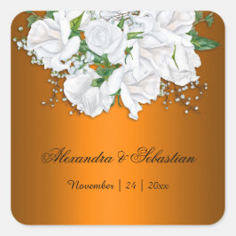 Moderne, lebendige Orange- und White Roses-Hochzei Quadratischer Aufkleber