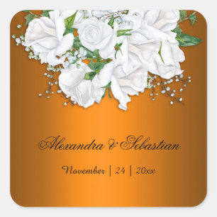 Moderne, lebendige Orange- und White Roses-Hochzei Quadratischer Aufkleber