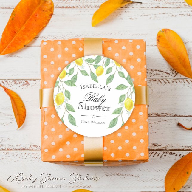 Moderne Lemon Boho Summer Baby Dusche Runder Aufkleber (Von Creator hochgeladen)