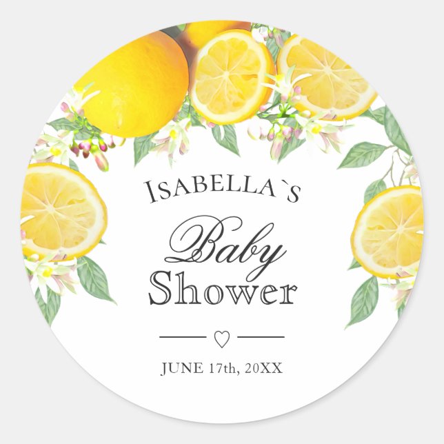 Moderne Lemon Boho Summer Baby Dusche Runder Aufkleber (Vorderseite)