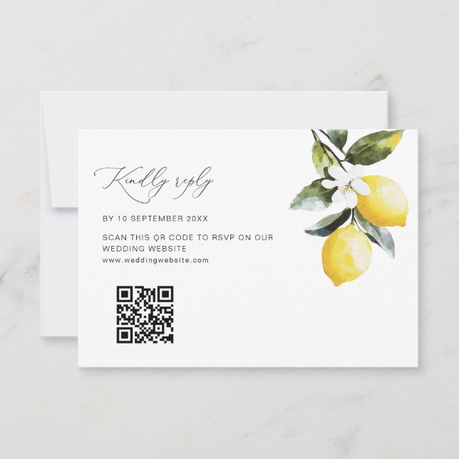 Moderne Lemon Floral Wedding QR Code RSVP Karte (Vorderseite)