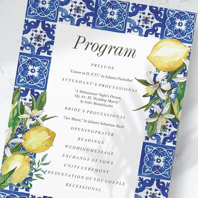 Moderne Lemon Foliage Blue Mediterrane Hochzeit Programm (Von Creator hochgeladen)