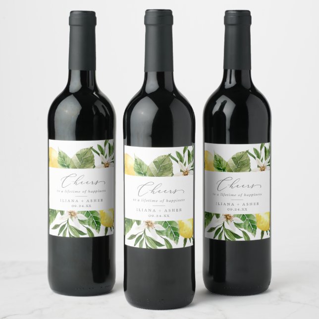 Moderne Lemon Garden Cheers Wedding Weinetikett (Flaschen)