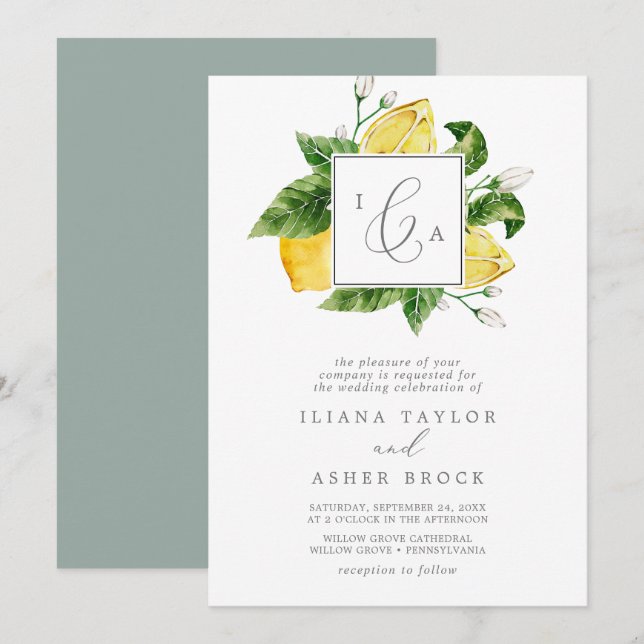 Moderne Lemon Garden Formal Monogram Wedding Einladung (Vorne/Hinten)